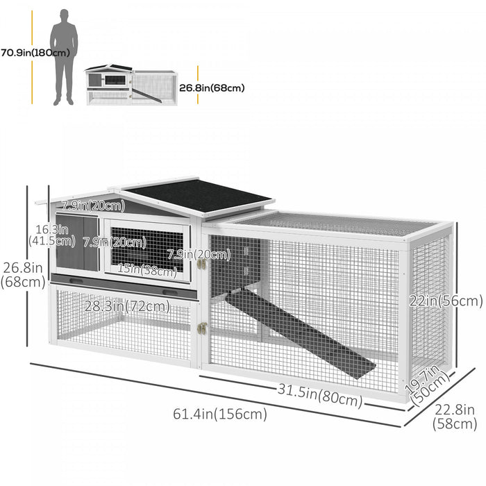 Pawhut 61'' L 2-story Rabbit Hutch Bunny Cage Small Animal House With Pull Out Tray, Detachable Run, Ramp, For Indoor Outdoor, Light Grey