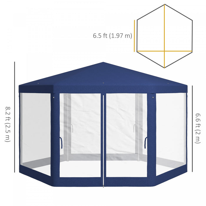 Outsunny Hexagon Party Tent, Patio Gazebo With Netting Mesh, Blue