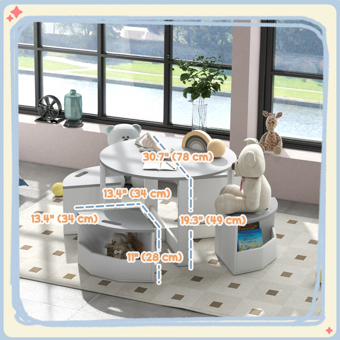 Qaba Kids Table And Chair Set, 5 Piece Toddler Table And 4 Chair Set With Storage, Activity Table For Art, Craft, Reading, For Classroom, Kids Room, Daycare, Grey