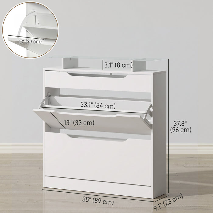 HOMCOM High Gloss Shoe Cabinet with 2 Flip Drawers and Glass Top, White
