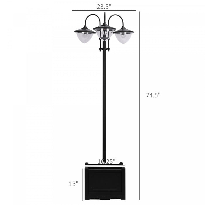 Outsunny 3-head LED Solar Light Lamp Street Light Post With Planter, Solar-powered Lamp Post, Black