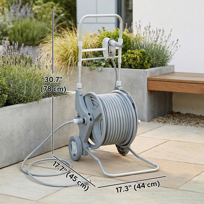 Outsunny Garden Hose Reel Cart with Wheels, 1/2\" x 148ft Water Hose Reel Cart with 2 Patterns Nozzle, Faucet Adaptors and Rewind Handle for Outdoor Patio Watering, Cleaning, Grey