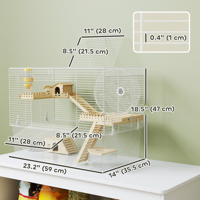 Pawhut Hamster Cage, Transparent Small Animal House With Deep Bottom, Wooden Ramp, Hut, Bathroom And Exercise Wheel For Hamster And Gerbil, 23.2\" L X 14\" W X 18.5\" H, Two Huts