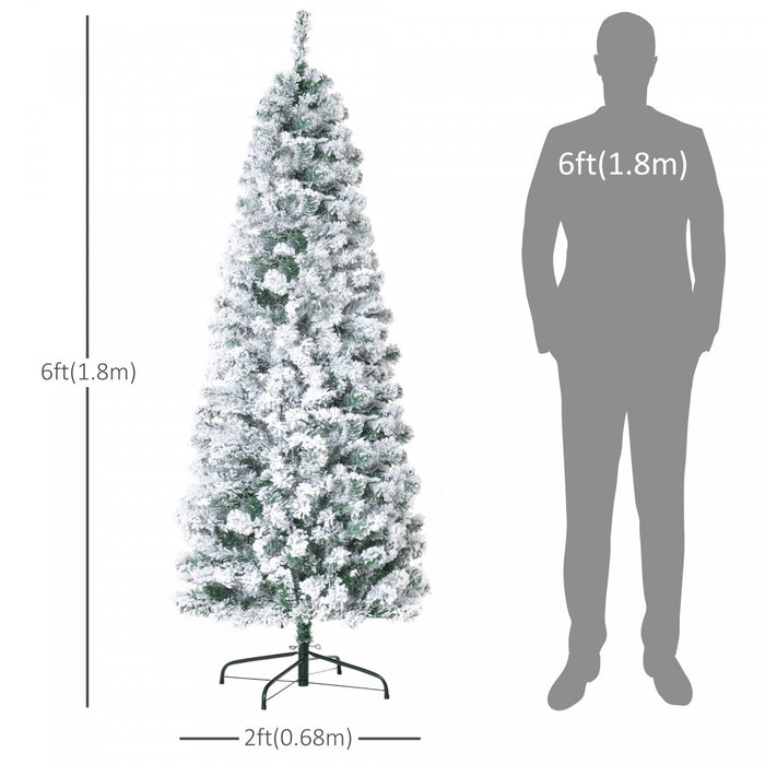 Homcom 6ft Prelit Artificial Snow Flocked Pencil Christmas Tree