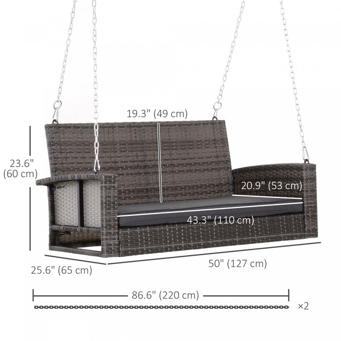 Outsunny 2-person Patio Porch Swing Chair, Outdoor Rattan Hanging Bench With Cushion & 7.2 Ft Steel Chains, Grey
