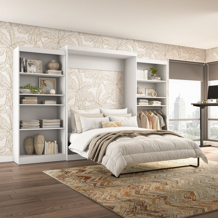 Bestar Pur Queen Murphy Bed with Two Shelving Units 136-Inch Wall Bed - White