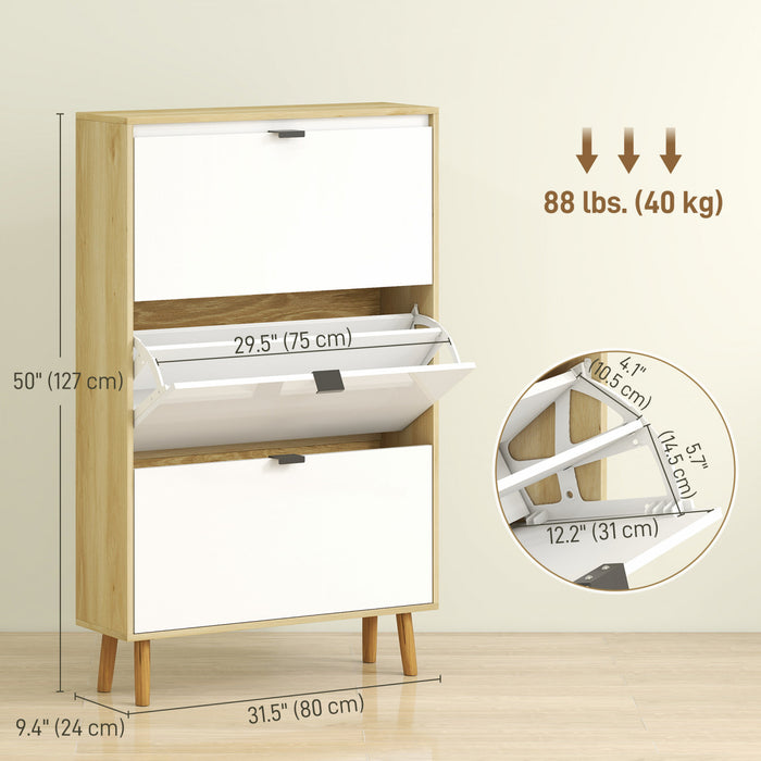 HOMCOM Narrow Shoe Cabinet, 3 Flip Drawers Shoe Storage Cabinet, White