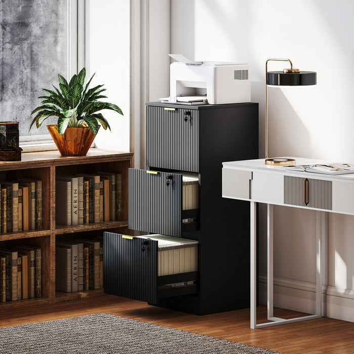 HOMCOM 3 Drawer File Cabinet Fluted Vertical Filing Cabinet with Lock Black