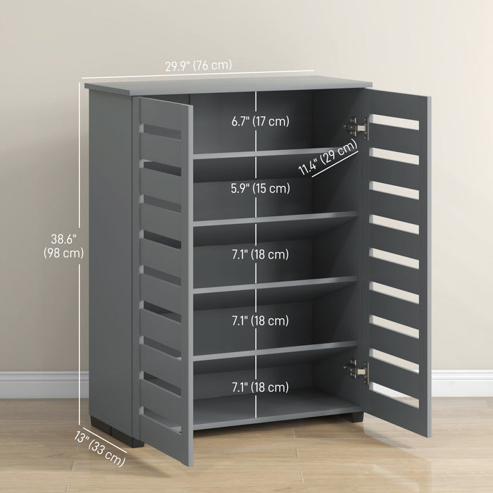 HOMCOM Slim Shoe Cabinet with 2 Slatted Doors for 15 Pairs of Shoes Grey