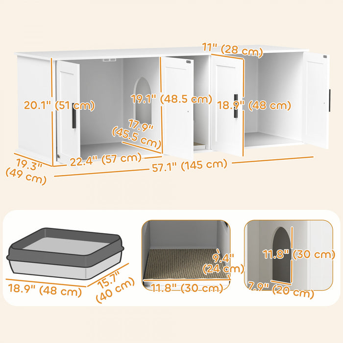 Pawhut Cat Litter Box Enclosure For 2 Cats, 145 Cm Hidden Litter Box Furniture With Double Room, Scratching Board, Indoor Cat House Washroom End Table, White