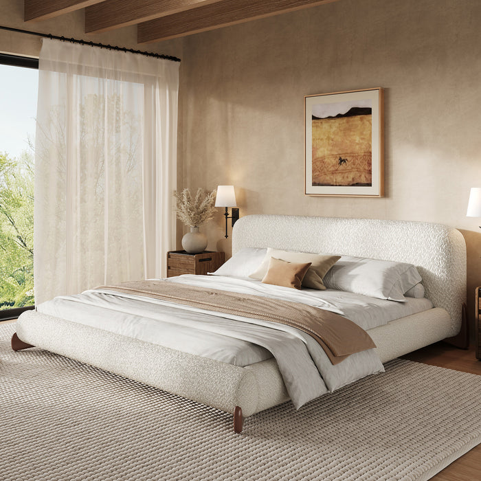 Harper Low Profile Boucle Upholstered Platform Bed Thick Curved Headboard,California King,Cream White King Bed