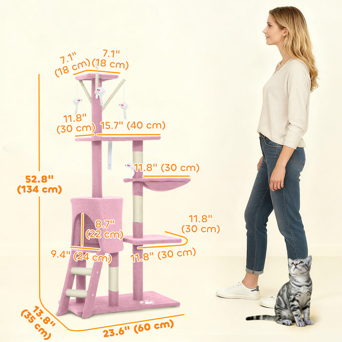 PawHut Cat Tree, 53\" Cat Tower for Indoor Kittens with Sisal Scratching Posts, Plush Perches, Condo, Hammock, Ladder, Dangling Toys, Multi-Level Kitty Activity Centre, Pink