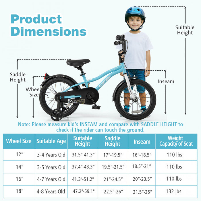 Costway 16\" Kids Bike For 4-7 Years Old Boys & Girls With Adjustable Seat Handbrake Reflectors Blue