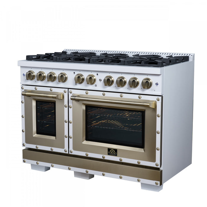 Forno Ambassador 48\" Gas Range in White, 8 Sealed Burners, 6.7 Cu.Ft. Ovens - FFSGS6299-48CPWHT
