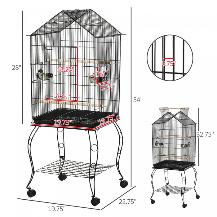 Pawhut Bird Cage 57 Inch Flight Cage For Cockatiel, Conure With Rolling Stand, Pull Out Tray, Storage Shelf, Open Top, 0.75\" Bar Spacing