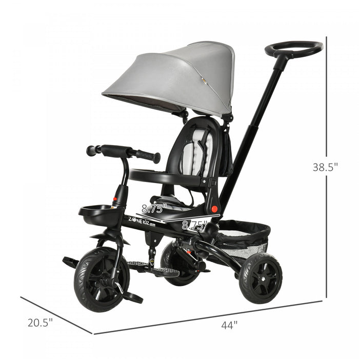 Qaba Baby Tricycle 4 In 1 Trike W/ Reversible Angle Adjustable Seat Removable Handle Canopy Handrail Belt Storage Footrest Brake Clutch For 1-5 Years Old Grey
