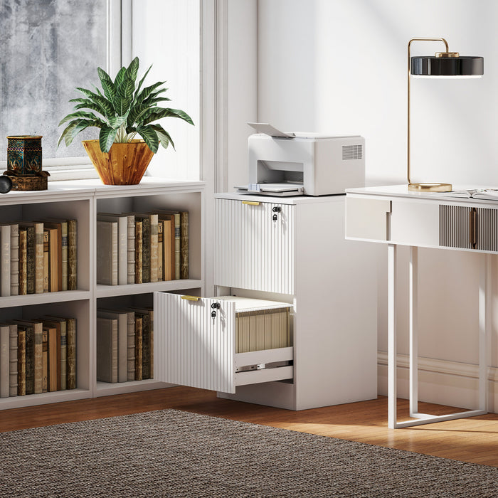 HOMCOM 2 Drawer File Cabinet Fluted Vertical Filing Cabinet with Lock White