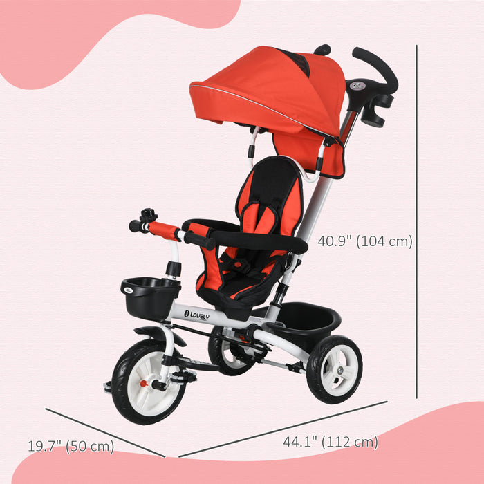 Qaba Toddler Tricycle, 6 In 1 Stroller Bike With Parent Push Handle, Canopy, Storage Baskets, Cupholder, Safety Guardrail And 5-point Safety Belt, For 12-60 Months, Red