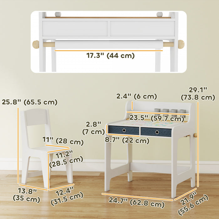 Qaba Kids Desk and Chair Set, Art Table and Chair Set for kids with Hutch & Drawers, Student Writing Table for 3-8 Year Old, Bedroom, Study Room, Nursery