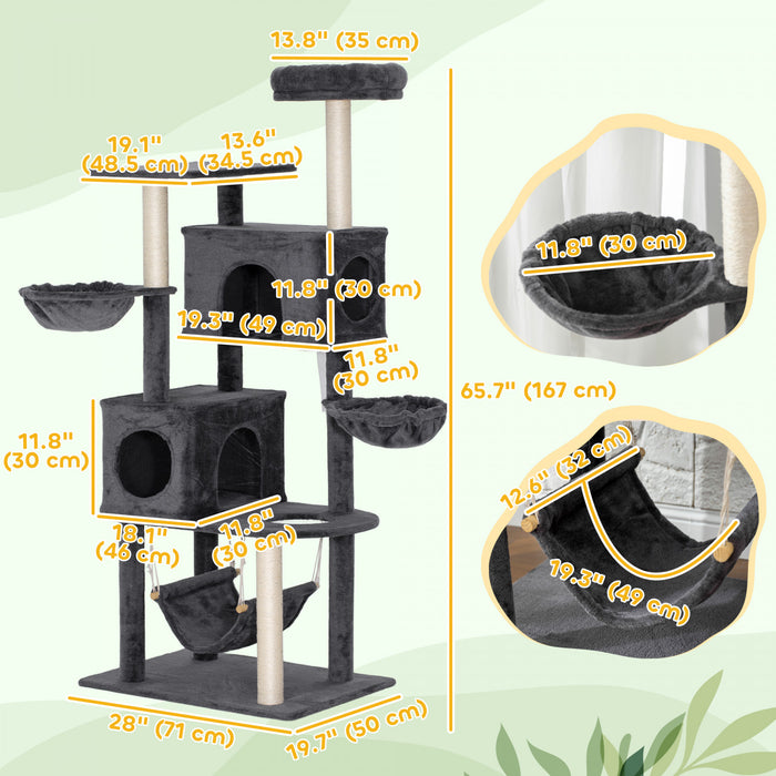 PawHut Cat Tree, 66 Inch Large Cat Tower with 2 Door Condos, 3 Big Hammocks, Plush Top Perch, Sisal Scratching Posts, Multi-level Kitty Tree for Indoor Kittens, Dark Grey