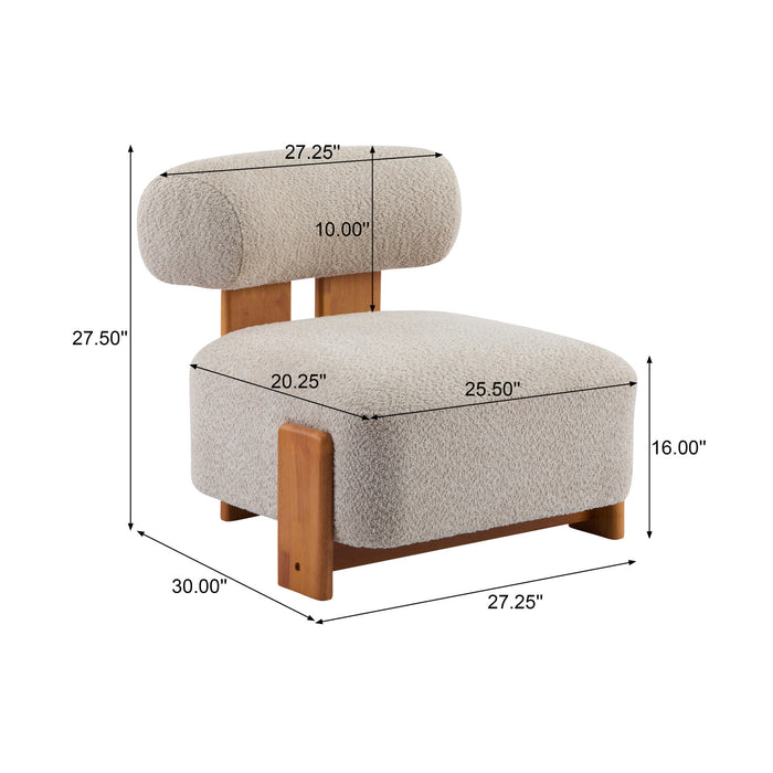 Luma Modern Boucle Lounge Chair with Rolled Backrest and Solid Wood Frame, Almond, Natural