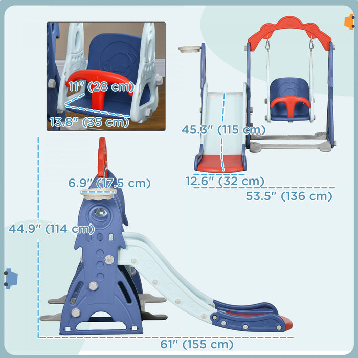 Qaba Kids Slide And Swing Set 3 In 1 Indoor Playground With Basketball Hoop, Adjustable Swing, Climber For Toddler, For Aged 1-3 Years, Dark Blue