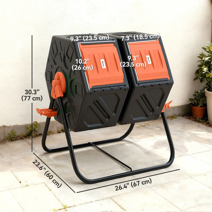 Outsunny 34.5 Gallon Dual Chamber Compost Bin, Rotating Composter, Compost Tumbler with 24 Ventilation Openings and Steel Legs, Orange
