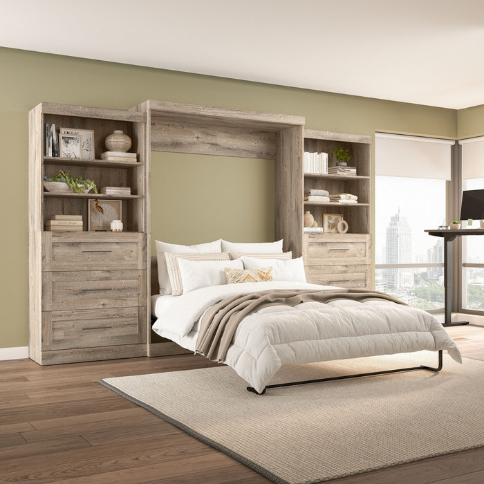 Bestar Pur Queen Murphy Two Shelving Units with Drawers 136-Inch Wall Bed - Rustic Brown