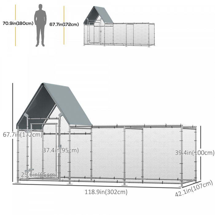 Pawhut Walk In Chicken Run, Large Galvanized Chicken Coop, Hen Poultry House Cage, Rabbit Hutch Metal Enclosure With Water-resist Cover For Outdoor Backyard Farm, 119\" X 42\" X 68\"