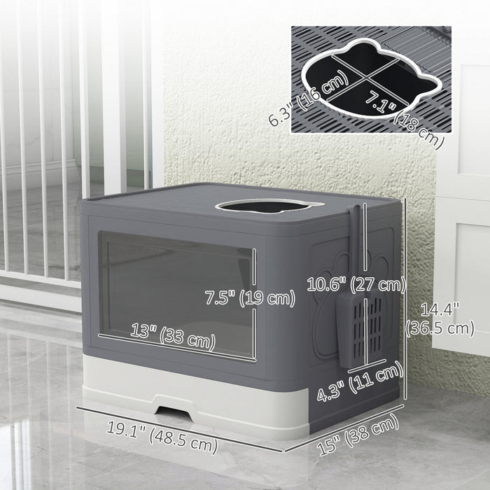 PawHut Foldable Cat Litter Box with Lid, Front Enter & Top Exit Kitten Litter Box Fully Enclosed, Pull-Out Drawer Type Large Cat Toilet with Scoop, Self-Groomer for Kitties, Grey