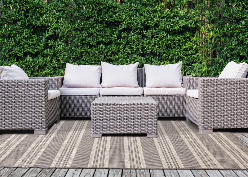 Jackson Cream Taupe Banded Stripes Rug, 5'3\" x 7'7\" Outdoor Area Rug