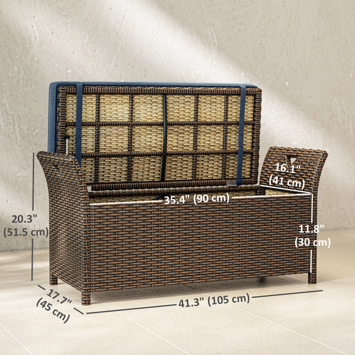 Outsunny 2-In-1 Patio Wicker Storage Bench 29 Gallon Storage Box Navy Blue