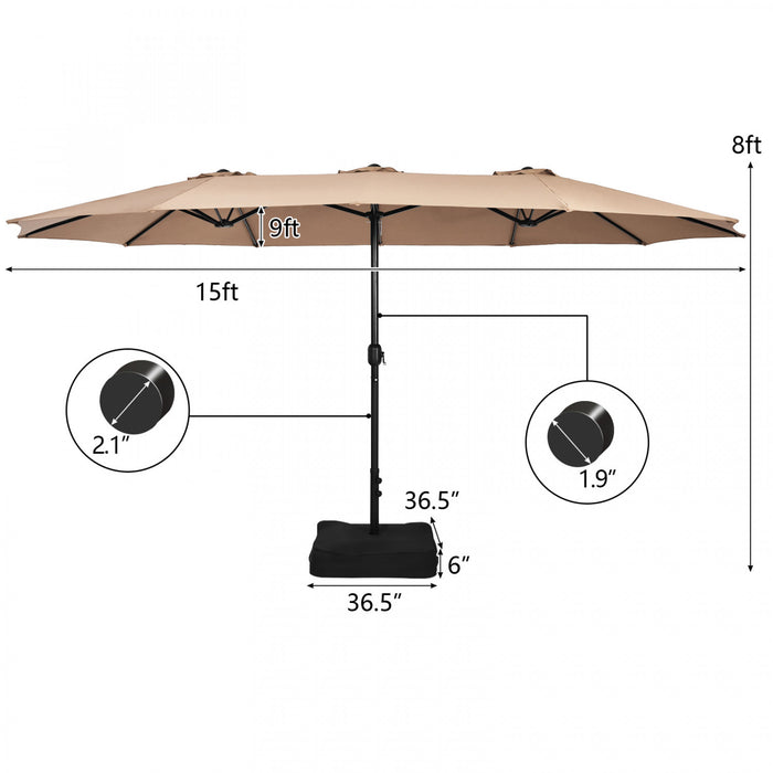 Costway 15FT Double-Sided Twin Patio Umbrella Outdoor Market with Crank & Base Brown