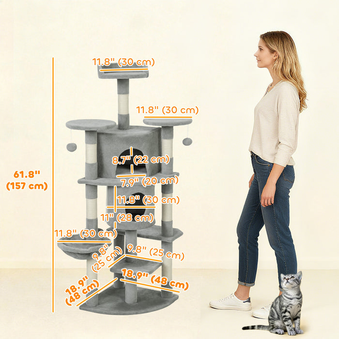 PawHut Cat Tree, 62\" Multi-Level Cat Tower with Scratching Posts, 2 Condos, Hammock, Perches, Plush, Pompoms, for Indoor Kittens Playing, Resting, Sleeping, Light Grey