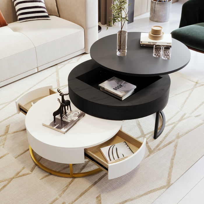 Sherry 31.5\" Round Engineered Wood Lift-top Nesting Coffee Table With Drawers, Black