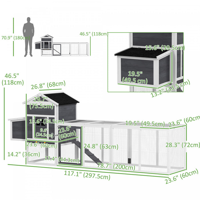 PawHut 117\" Chicken Coop, Wooden Rabbit Hutch with Chicken Run, Slide-out Tray, Asphalt Roof, Nesting Box - Grey and White