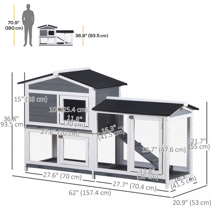 Pawhut 2-tier Wood Rabbit Hutch Backyard Bunny Cage Small Animal House W/ Ramp And Outdoor Run, Grey