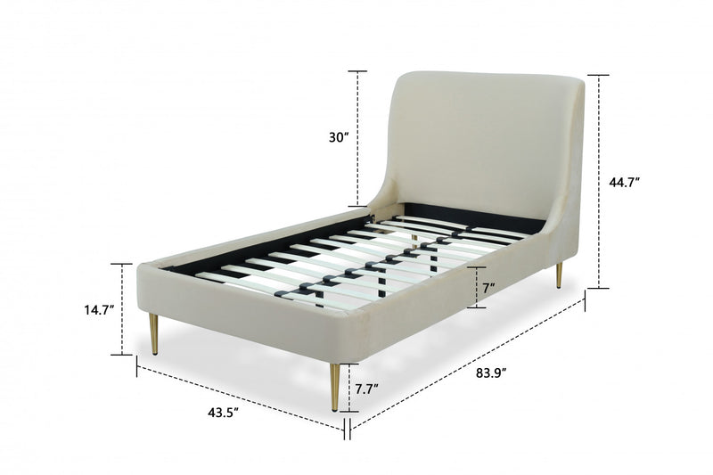 Heather Mid-Century Modern Velvet Upholstered Twin Bed in Cream and Gold