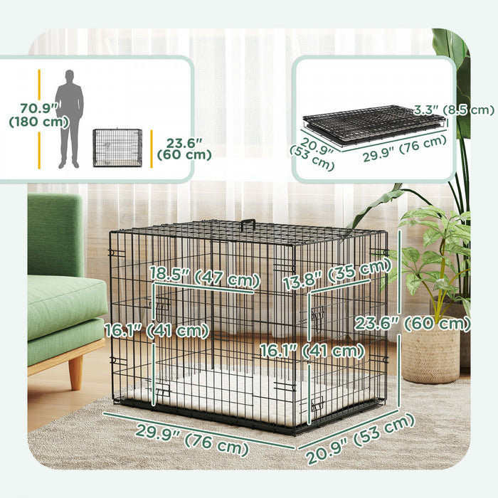 Pawhut Dog Crate, 30\" Folding Metal Dog Kennel With 2 Doors, Removable Tray, Soft Cushion, Handle, Pet Cage For Small Dogs, Black