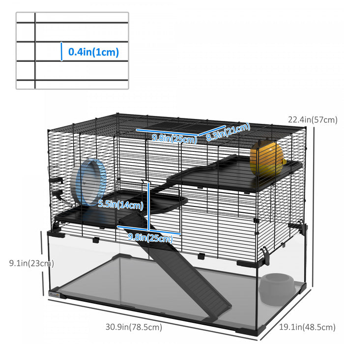 Pawhut Hamster Cage, Gerbil Cage With Glass Basin, Ramps, Platforms, Hut, Exercise Wheel, For Syrian And Dwarf Hamsters, Black, L