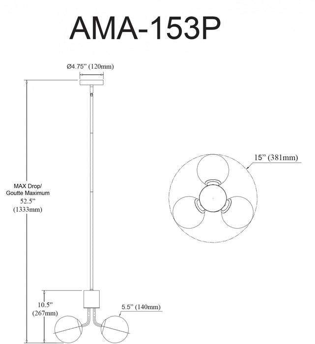 Dainolite Amanda 3 Light Pendant Matte Black White Opal Glass Lamp