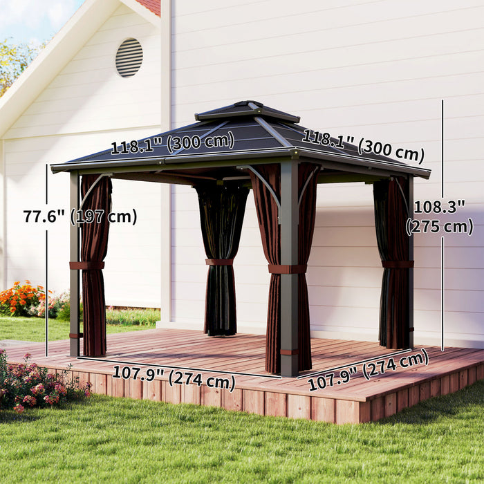 Outsunny 10' x 10' Hardtop Polycarbonate Gazebo with Netting and Curtains