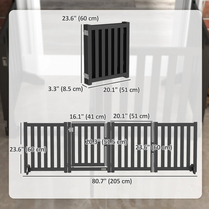 Pawhut Foldable Dog Gate With Door, 4 Panels Freestanding Pet Gate With Support Feet Indoor Playpen For Small Dogs And Below, Black