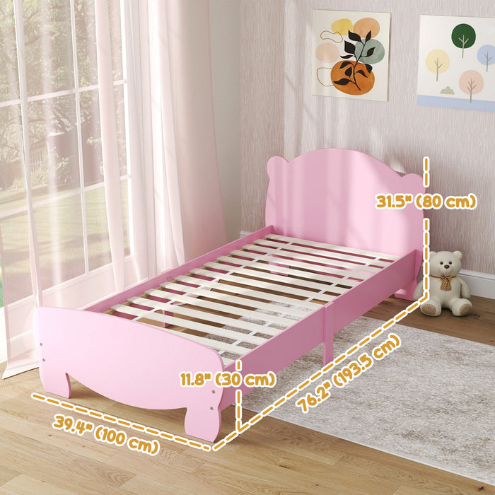 Qaba Twin Bed Frame, Platform Bed with Bear Shaped Headboard & Footboard, Slats Support, No Box Spring Needed, for Boys, Girls, Pink