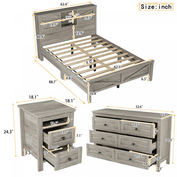 Madison Bedroom Set Farmhouse Platform Bed with Storage and Charging Station,Queen Size，Grey Queen Bed