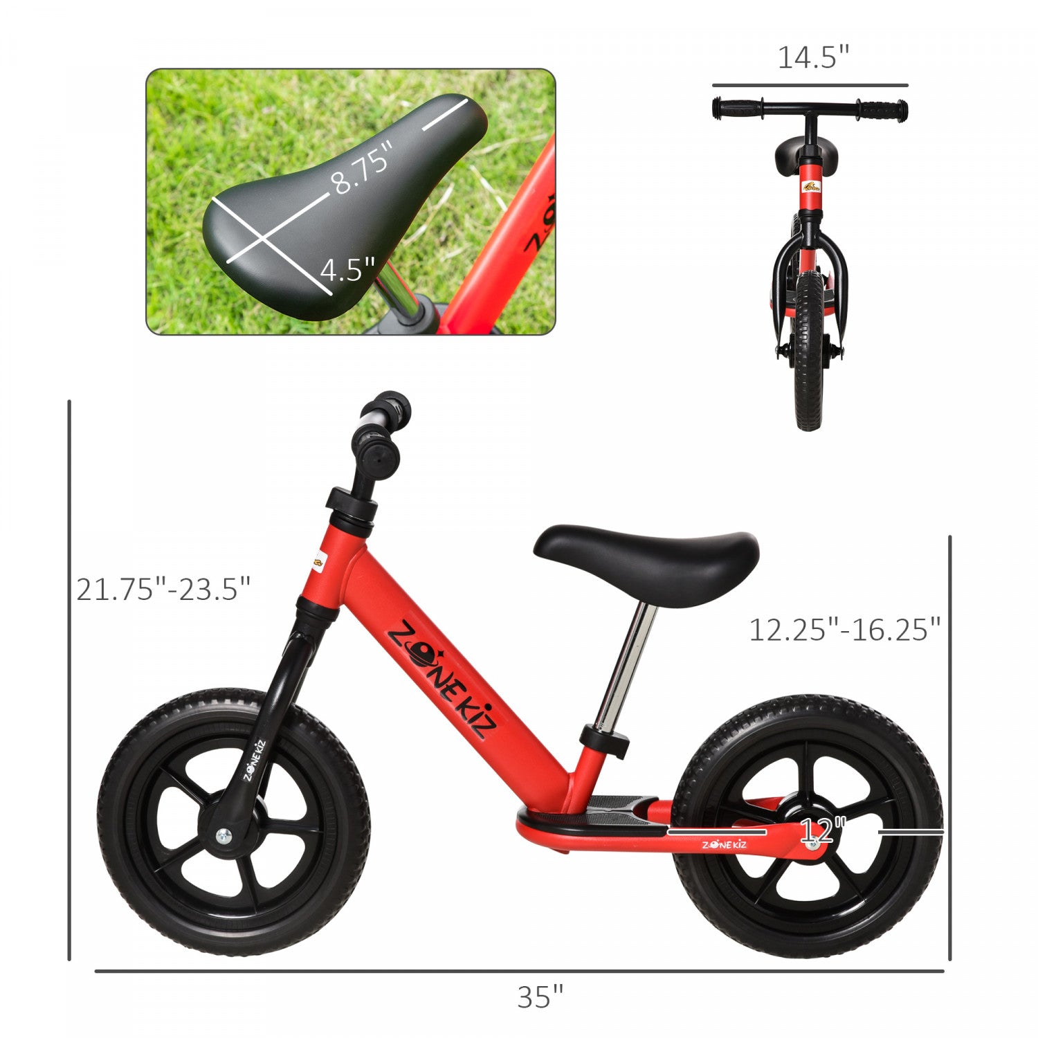 Qaba 12 Kids Balance Bike No Pedal Bicycle Adjustable Seat And Handlebar Training Toddler Bike 3 5 Years Red
