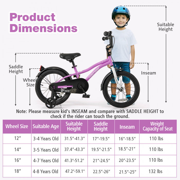 Costway 16\" Kids Bike For 4-7 Years Old Boys & Girls With Adjustable Seat Handbrake Reflectors Purple