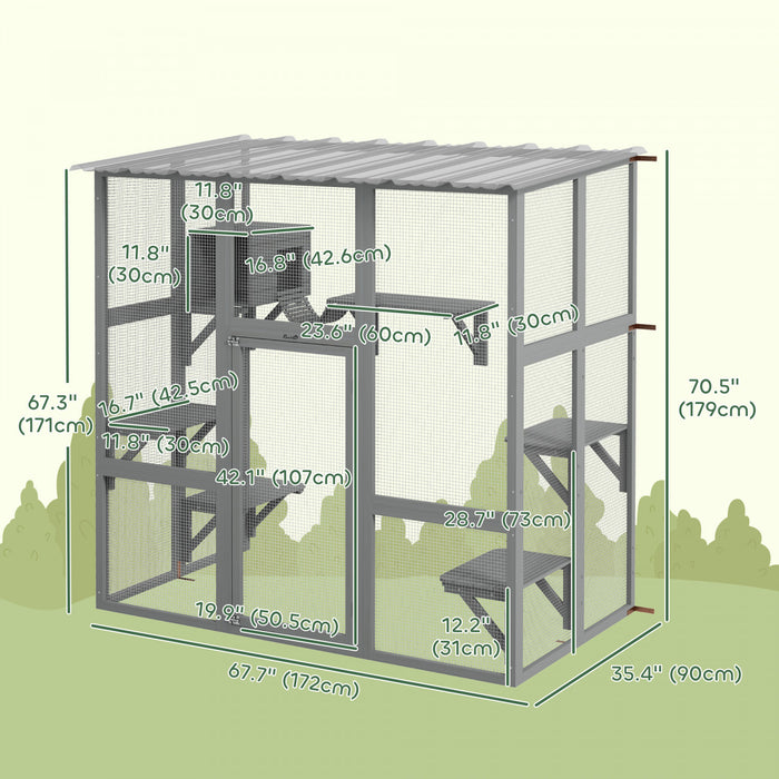 Pawhut Catio Outdoor Cat Enclosure, Wooden Outdoor Cat House Window Box With Weatherproof Roof, Bridge, Resting Box, Platforms, Cat Cage For 2 Kittens, Grey
