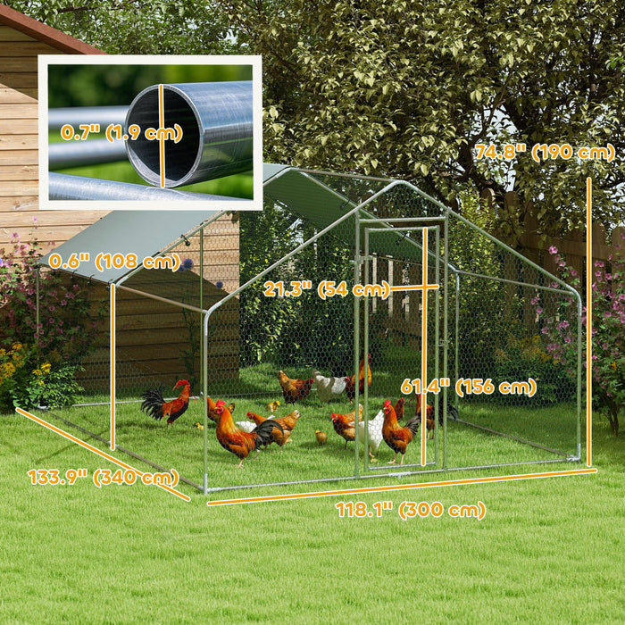 PawHut Metal Chicken Coop, 9.8 x 11.2 FT Walk-in Chicken Run with Weatherproof UV Cover, Lockable Door, Large Outdoor Poultry Cage for 10-15 Chickens, for Farm Yard Garden, Silver