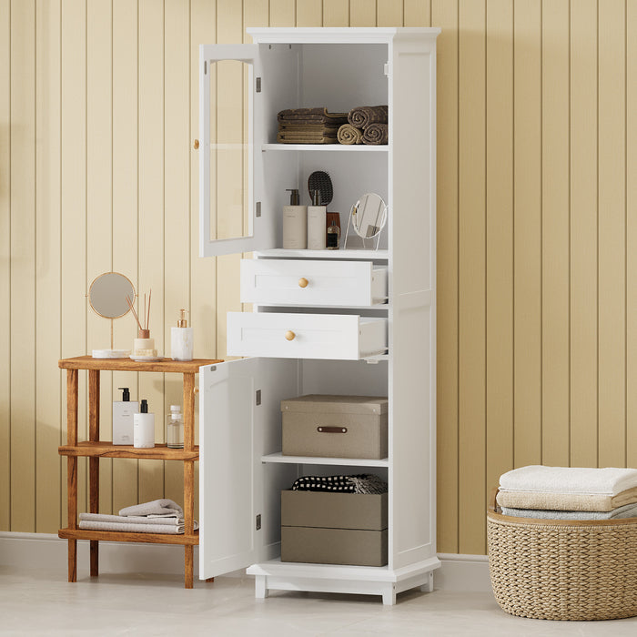 Jamie 63\" Pine Wood Tall Bathroom Storage Cabinet With Adjustable Shelves And Glass Doors - White